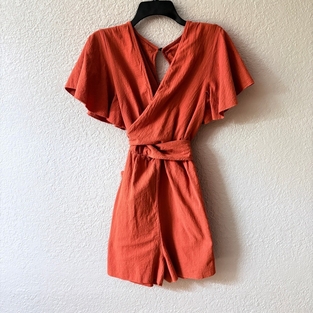 Rust Burnt Orange Boho Wrap Romper Flutter Sleeve Linen Look Tie Waist Size XL